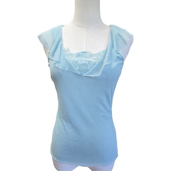 Womens Vtg Y2K Fairy Coquette Romantic Blue Mesh Lace Embroidered Ruffle Trim M - Picture 2 of 11